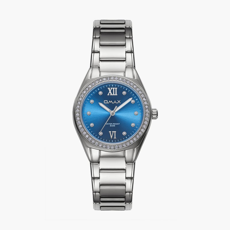 OMAX ساعة أنالوج فضية بقرص أزرق للنساء - Image 1